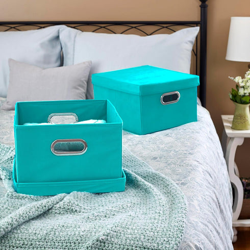 Household Essentials Fabric Storage Boxes with Lids and Handles, Aqua...