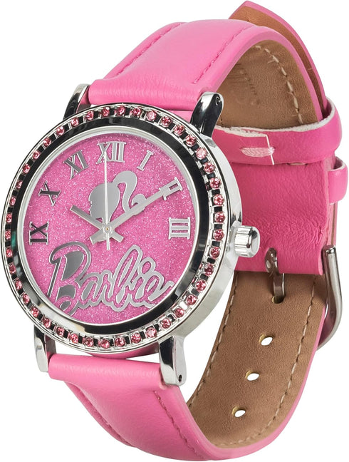 Accutime Barbie Women's Pink Glitter Analog Watch with Faux Leather Strap - Elegant Timepiece Inspired by Barbie The Movie, Silhouette Dial - BAR5...