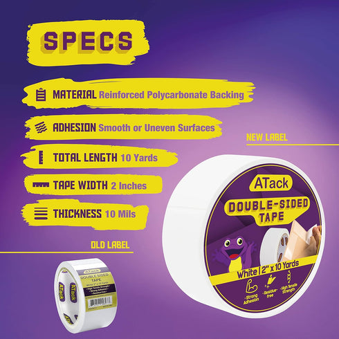 ATack Double-Sided Tape White, 2 Inches x 10 Yards, Heavy Duty Double Sides self Sticky Wall Fabric Tape for Wood Templates, Furniture, Leather, C...