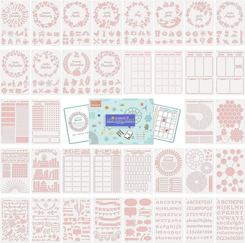36Pcs Bullet Journal Stencils Templates Set (5.1 * 7.9 Inch) - Bullet Journals Accessories/Supplies Kit - Journal Stencils for Bullet Journaling -...