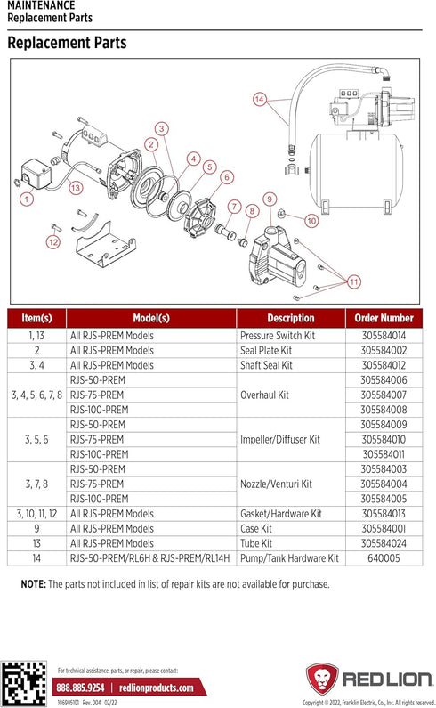 Red Lion 305584013 Gasket/Hardware Repair Kit for All RJS-PREM Series Shallow Well Jet Pump Models, Steel/Black...