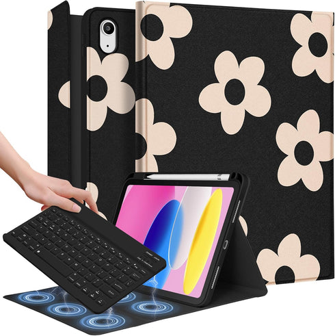 for iPad 10th Generation Case with Keyboard Pencil Holder 10.9 Inch Folio Tablet Cover Women Girls Cute Girly Teens Kawaii Black Flower Unique Des...