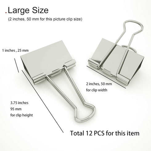 Silver Binder Clips Large (Jumbo) of 2 inch ( 50 mm ) Colored Paper Clamp Assorted Size Assortment (Office or School Metal Fold Back Clip Metal Cl...