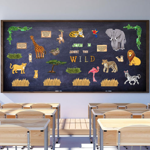Fulmoon 34 Pcs Jungle Animals Bulletin Board Decorations Set Back to School Classroom Wild Safari Animal Cutout Wild About Jesus Christian Bible W...