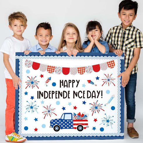JarThenaAMCS 74Pcs Happy Independence Day Bulletin Board Kit Patriotic Red Blue Star Truck Fireworks Paper Cutouts with 100Pcs Glue Points 4th of ...