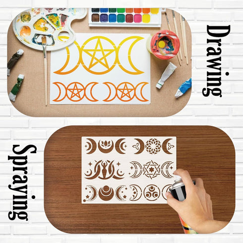 Moon Stencils for Painting on Wood, Boho Moon Stencils for Crafts Reusable Wood Burning Drawing Art Paint Stencils and Patterns for Wall Cake Cook...