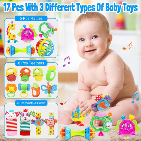 Baby Rattles Toys for 0-6 Months - 18 PCS Infant Toys 0-3 Month Old Baby Boy Girl Gifts Set with Teething and Wrist Socks Rattle Infant Newborn Se...