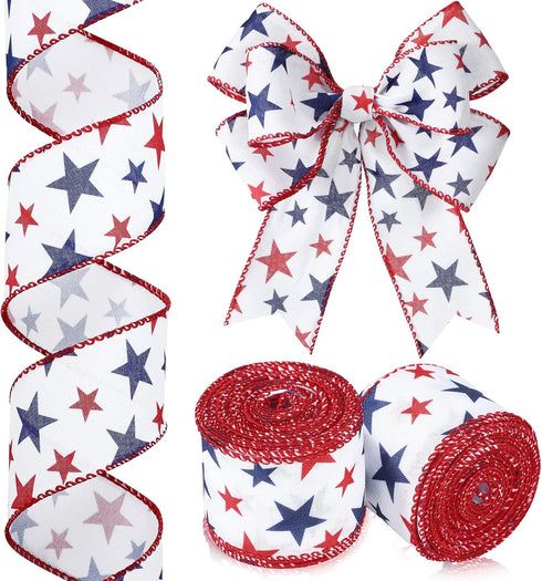 Xunyee 2 Rolls 20 Yards Red White Blue Ribbon Independence Day Stars Wired Edge Ribbon Fabric Patriotic Flag 4th of July Patriot Day Labor Day Rib...