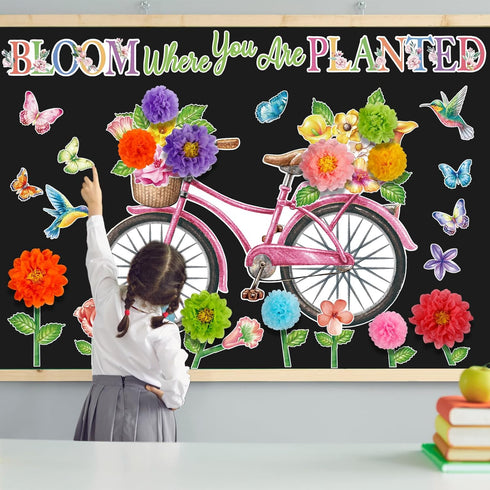 Flower Bulletin Board Decorations Set 3D Paper Flower Cutouts Summer Butterfly Bicycle Leaves Bird Wall Decals Springtime Bloom Where You are Plan...