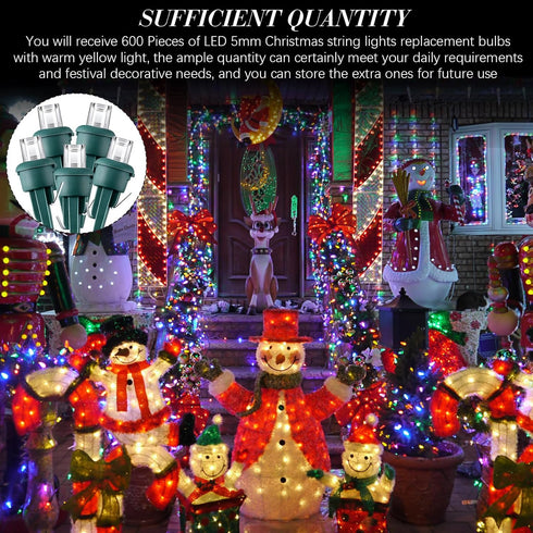 600 Pcs Christmas Led 5mm Mini Light Bulbs String Light Replacement Bulbs Christmas Light Bulbs Indoor Outdoor Wide Angle Wire Light with Green Ba...