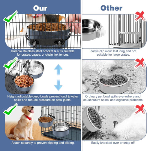 Dog Kennel Bowls for Crates, Hanging Dog Crate Water Bowls No Spill, 2 Pack Kennel Food Water Bowl Mountable Cage Accessories, Stainless Steel Pet...