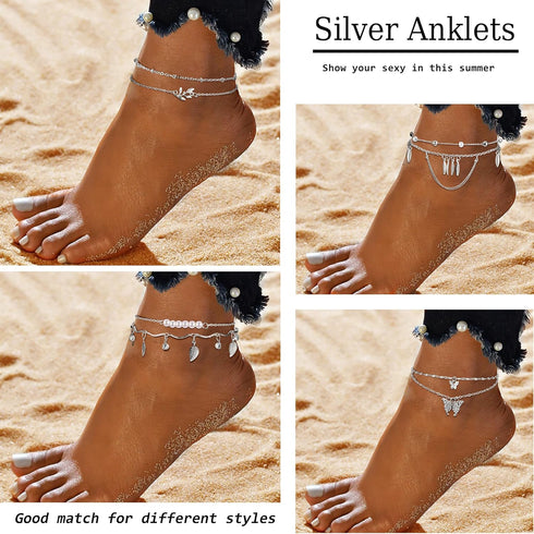ORAZIO 21 Pcs Ankle Bracelets for Women Silver Gold Plated Anklets Bracelets Boho Adjustable Anklet Heart Infinite Link Chain Layered Anklet Foot ...