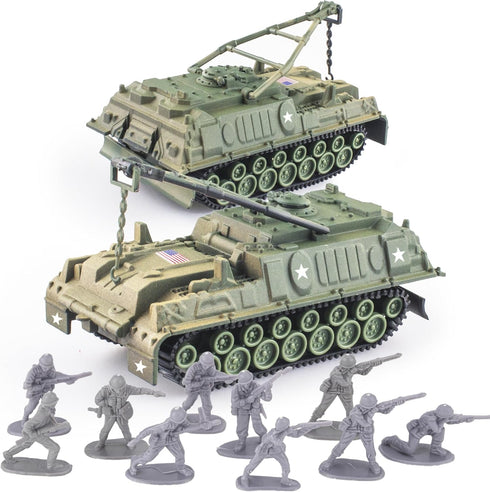 Army Tank and Army Men Toys Playset, 2pc 1:72 US Tank-4 Models & 10pc Toy Soldiers, Olive Drab Green WW2 Military Vehicle for Boys...