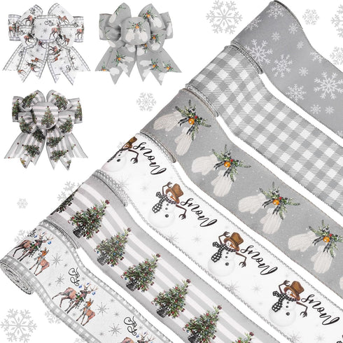 AnyDesign 6 Roll Christmas Wired Ribbon Farmhouse Rustic Craft Ribbon Grey Buffalo Plaid Snowman Snowflake Reindeer Xmas Tree Eucalyptus Gift Ribb...