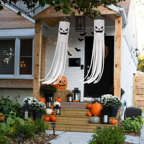 CCINEE 2 Pack Halloween Ghost Windsock Flag with Lights, 70.8 Inch Glow in the dark Halloween Outdoor Hanging Decor for Yard Patio Garden Pathway ...