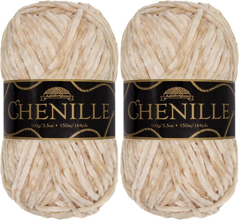 JubileeYarn Chenille Yarn - 100g/Skein Worsted Weight - Marzipan - Light Cream Tan - 2 Skeins...
