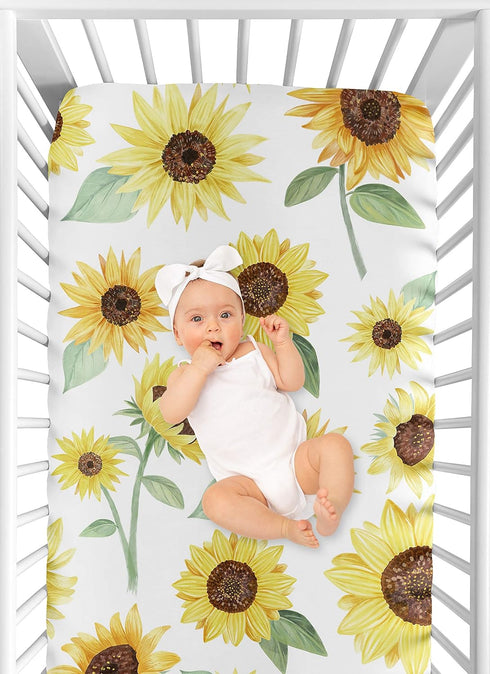 Sweet Jojo Designs Yellow, Green and White Sunflower Boho Floral Girl Baby or Toddler Nursery Fitted Crib Sheet - Farmhouse Watercolor Flower...