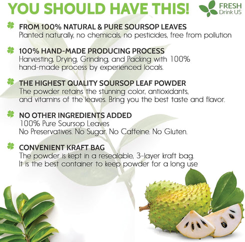 Premium 1oz Soursop Leaf Powder, 100% Natural & Pure from Soursop Leaves, Wildcrafted, Graviola Powder, Hoja Guanabana, No Sugar, No Gluten, Vegan...