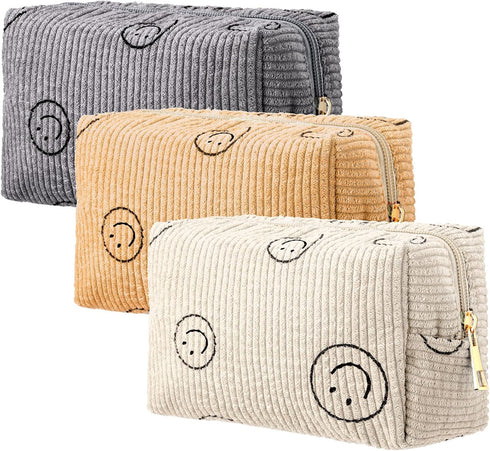 3 Pcs Corduroy Cosmetic Bag Smile Face Aesthetic Preppy Makeup Bag Corduroy Toiletry Aesthetic Pouch Travel Smile Bags for Women Purse Corduroy Ma...