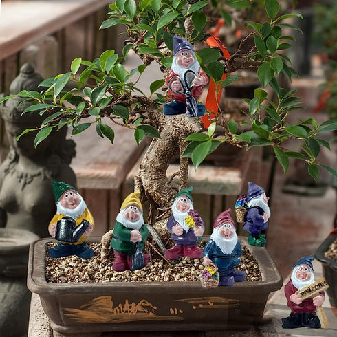 Enchanted Garden Decor: 7-Piece Gnome Miniature Statues, Elf's Joyful Atmosphere Ornaments - Ideal for Gardens, Backyards, Patios, Lawns, Bonsai, ...