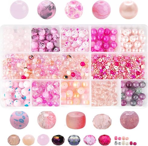 Keip Taoun Pink Glass Beads for Jewelry Making, Bracelet Beads Set for Girls, 1000pcs Including 8mm Assorted Round Beads, 6mm Bicone Crystal Beads...