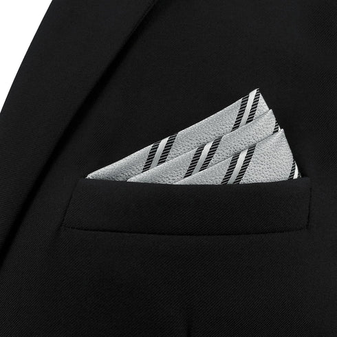 S&W SHLAX&WING Striped Mens Pocket Square Grey with Silver Black Stripes for Suit Jacket...