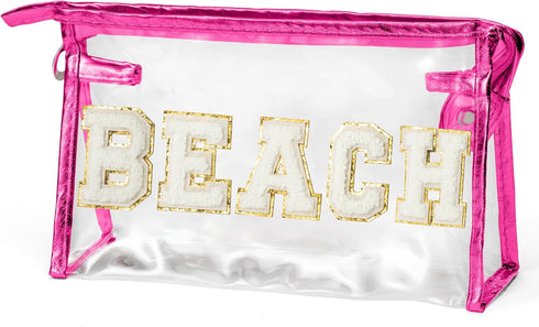 Preppy Patch Cosmetic Bag - Summer BEACH Chenille Varsity Letter Toiletry Bag Transparent PVC Zipper Makeup Bag Waterproof Portable Travel Beach B...