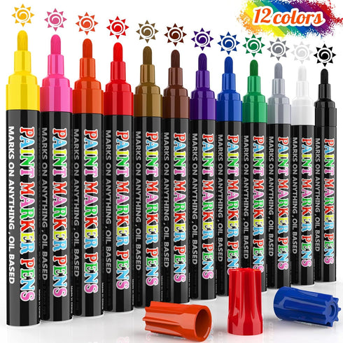 Paint Markers Pens, 12 Colors Oil-Based Waterproof Fancy Paint Markers, Quick Dry Permanent Push Markers Set for Tire, Rock, Wood, Plastic, Canvas...