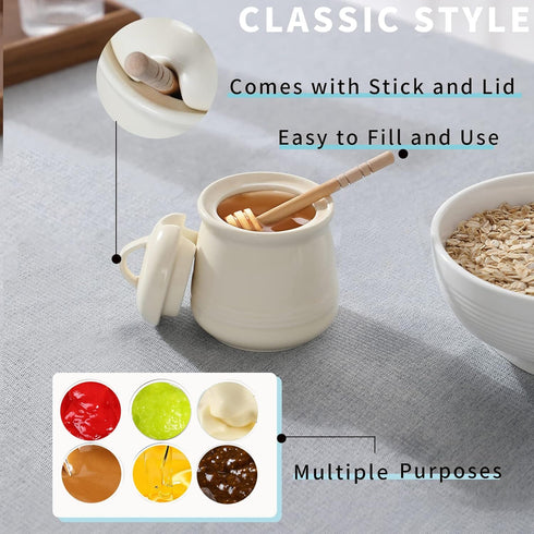 HAOTOP Ceramic Honey pot with Lid and Honey Dipper,Porcelain Honey Jar Easy to Clean and Dishwasher Safe,12oz (Beige)...