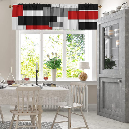 Emvency 2 Pack Valances Window Treatments Red and Black Geometry Abstract Modern Art Blackout Drapes Adjustable Curtain Valances for Windows Livin...