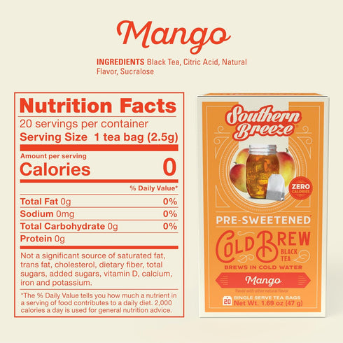Southern Breeze Cold Brew Sweet Tea Mango Iced Tea with Black Tea and Zero Carbs Zero Sugar, 20 Individually Wrapped Tea Bags, Pack of 4...