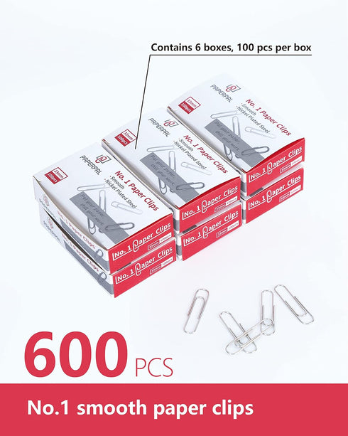 #1 Smooth Paper Clips, 600 Medium Paper Clips (6 Boxes of 100 Each), Paperclips for Office School & Personal Use, Daily DIY, 1-2/7" Silver Paper C...
