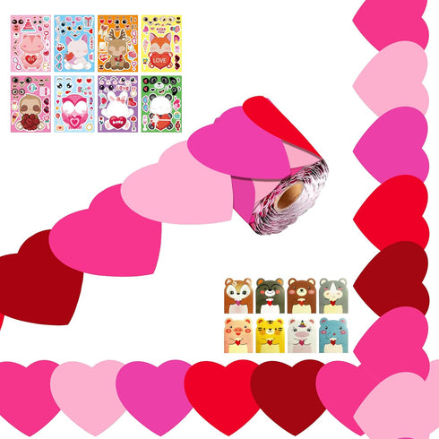 68Ft Heart Bulletin Board Decorations with 8pcs Animal Sticker+8pcs Cards, Red Pink Heart Rolled Border Trim for Party Classroom Chalkboard Wall D...