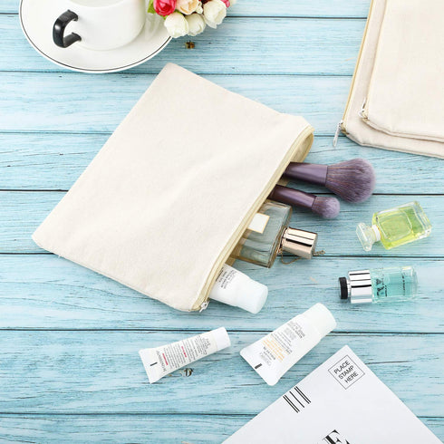 10 Pieces Cosmetic Bag Multipurpose Makeup Bag with Zipper Cotton Canvas Bag Travel Toiletry Pouch DIY Craft Bag (L, Beige)...
