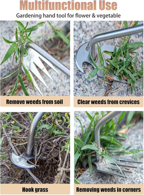 Weed Puller Tool, Weeding Artifact Uprooting Weeding Tool, 4-Tine Stainless Steel Head Hand Multi Function Garden Weeder Remover Tool Easily Remov...
