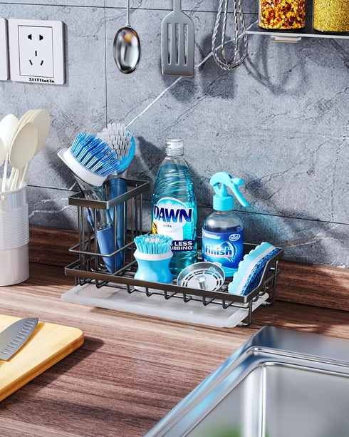 Consumest Sink Caddy-Kitchen Sponge Holder + Dish Brush Holder for Kitchen Sink, Sink Organizer with Drip Tray for Countertop Stainless Steel Rust...