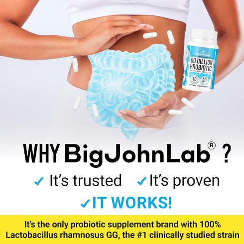 BIGJOHNLAB® Probiotics 30capsules 1month supply Women & Men 60 Billion CFU 10 Strains + Organic Prebiotics Immune, Digestive Gut Health Supports O...