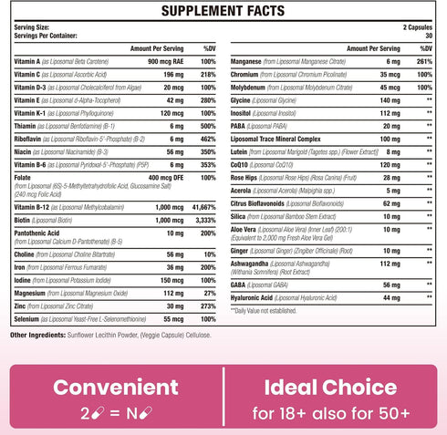 Liposomal Multivitamin for Women 1400MG - Womens Daily Multi Vitamins Supplements with Iron, Vitamin A, C, D, E and B Complex for Immune Health, H...