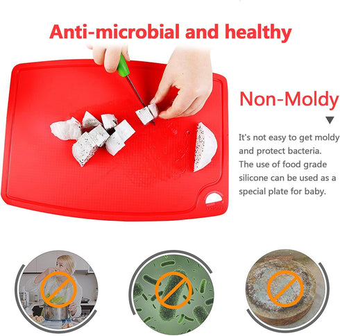 Thick Silicone Cutting Board 12.6'' x 9.1'' Juice Grooves Easy Grip Handle Dishwasher Safe-Red...