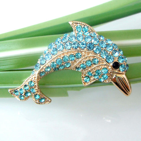 Navachi 18k Gold Plated Multi-Color Crystal Fish Porpoise Dolphin Brooch pin...