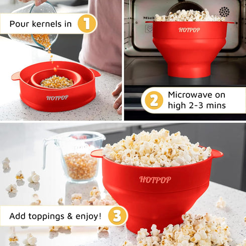 POPCO Microwave Popcorn Bowl - Silicone Snack Popcorn Popper with Handles - Collapsible Design, 2.3" Height When Folded -Dishwasher Safe Bowl for ...