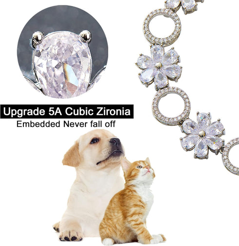 Dog Chain Collar Cubic Zironia Bling Collar for Puppy Kitty Gold Adjustable Cat Collar with Iced Out Crystal Stones Sun Flower (Silver, 10")...