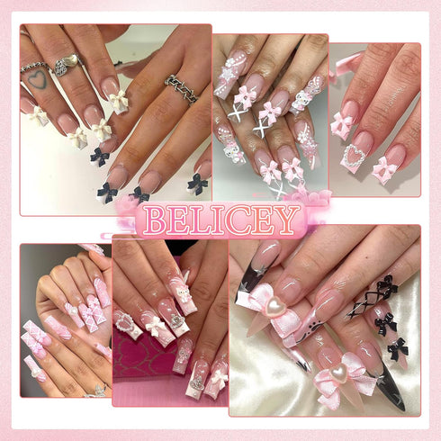 BELICEY 3D Bow Nail Charms 600PCS Flowers Nail Charm Pink&White Flatback Pearls Beads Star Heart Bowknot Cute Nail Charms Nail Supplies Accessorie...