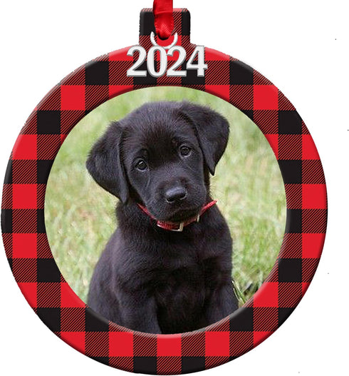 2024 Photo Ornaments for Christmas Tree, Classic Red and Black Buffalo Plaid Christmas Frame Ornament, Easy-Load Magnetic Design, with Satin Ribbo...