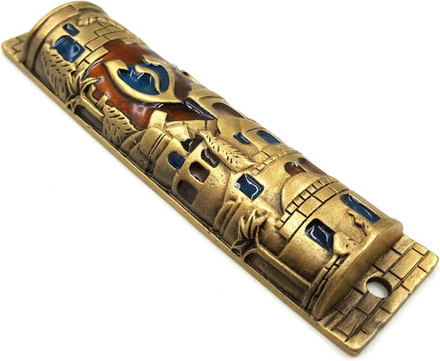 TALISMAN4U Gold Enamel Jewish MEZUZAH CASE with Scroll Jerusalem Israel Judaica Door Mezuza 4"...