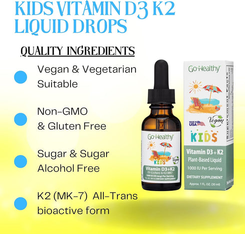 Go Healthy Kids Vitamins D3 K2 (MK-7), Child Vitamin D, Liquid Vegan D3 K2 Drops for Kids, Sugar-Free, Easy-to-Absorb, Children's Growth & Immune ...