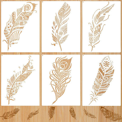 6 Pieces Decorative Mandala Feather Stencil Reusable Mandala Painting Templates Beautiful Stencils for Painting Metal Open Ring for Painting on Wo...