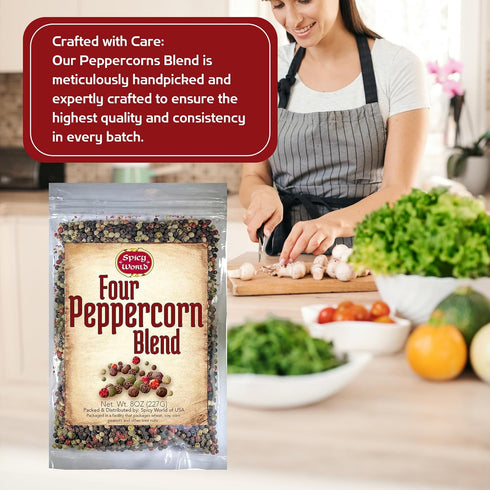 Spicy World Four Peppercorn Rainbow Blend in Resealable Bag – Perfect Flavor Blend - NON-GMO, Steam Sterilized - Whole Black, Whole Green, Whole W...