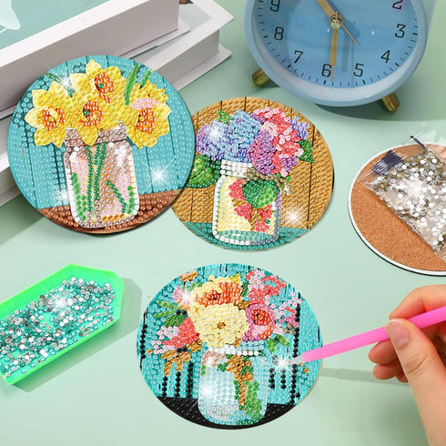 8 PCS Diamond Art Coasters-Flower Diamond Painting Coasters Kits with Holder,DIY Flowers Diamond Art Coasters Kit for Beginners Adults Art Craft S...