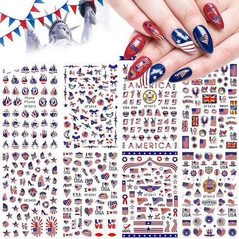 4th of July Nail Art Stickers Decals, American Flag Patriotic Independence Day 3D Nail Stickers Nail Supply USA Flags Heart Star Design Nail Decal...